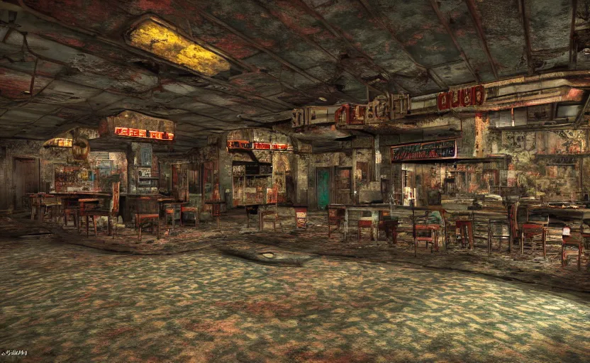 Prompt: nature photography of the rundown ruins of a 5 0 s bar in a tacky casino in fallout new vegas by lori nix, hdr, unreal engine, silent hill, found footage