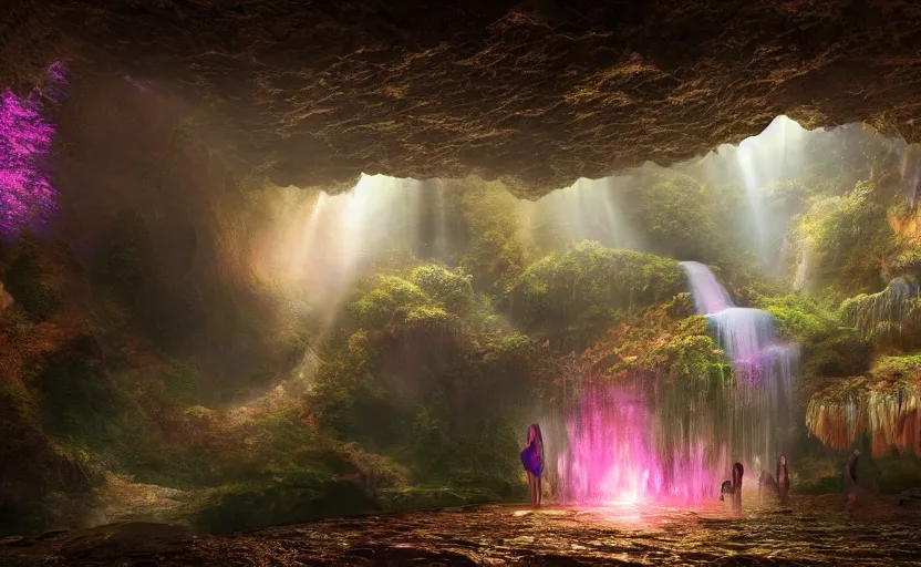 Image similar to a beautiful and stunning professional digital artwork of women worshipping god in cave, haze, spores floating in the air, waterfall, volumetric lighting, hyperrealistic, rtx on, ultra detail