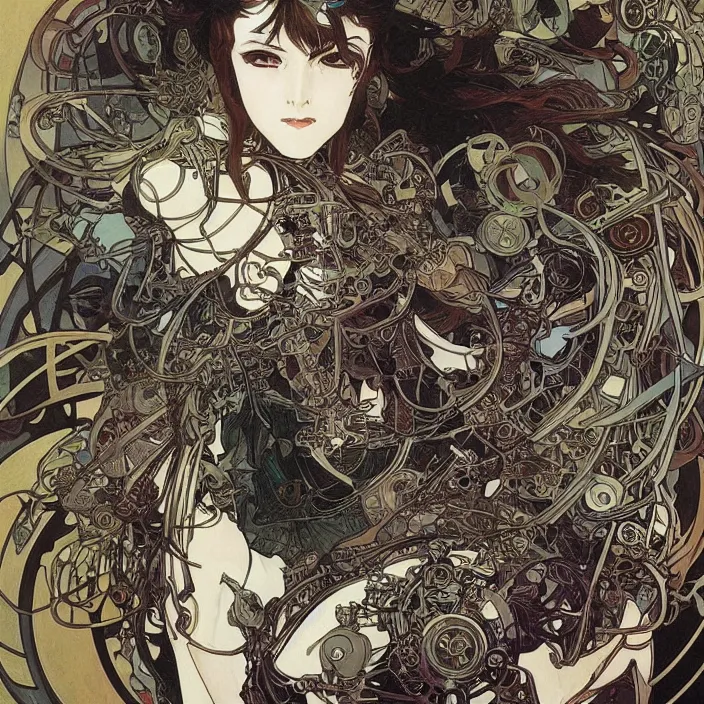 Image similar to alphonse mucha yoji shinkawa moebius jean girard shintaro kago junji ito esoteric hypnogogic ethereal ethereality dreamy combat mech dieselpunk incredible intricate machinery illusionary art and trash polka