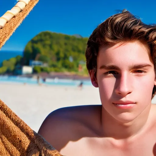 Prompt: beautiful teenage boy, around 22 yo, natural brown hair sitting on a deckchair on the beach. Detailed face, blue sky. Award winning photograph.