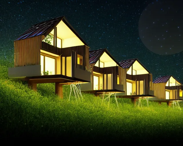 Image similar to connected ecovillage houses with solrarrofs - plant goddess high quality photo, microchip, artificial intelligence, bio - mechanical bio - luminescence, black wired cables, neurons, nerve cells, cinematic, rim light, photo - realistic, elegant, high detail, 8 k, masterpiece, high fashion, in the style of man ray