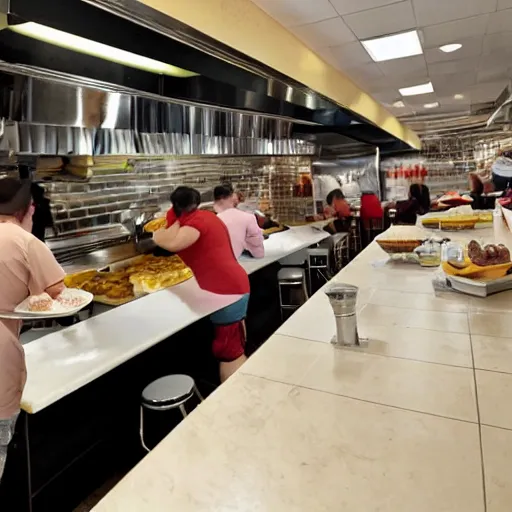 Image similar to busy wafflehouse interior with customers eating breakfast and wafflehouse employees serving food and cooking behind countertop that has food on it