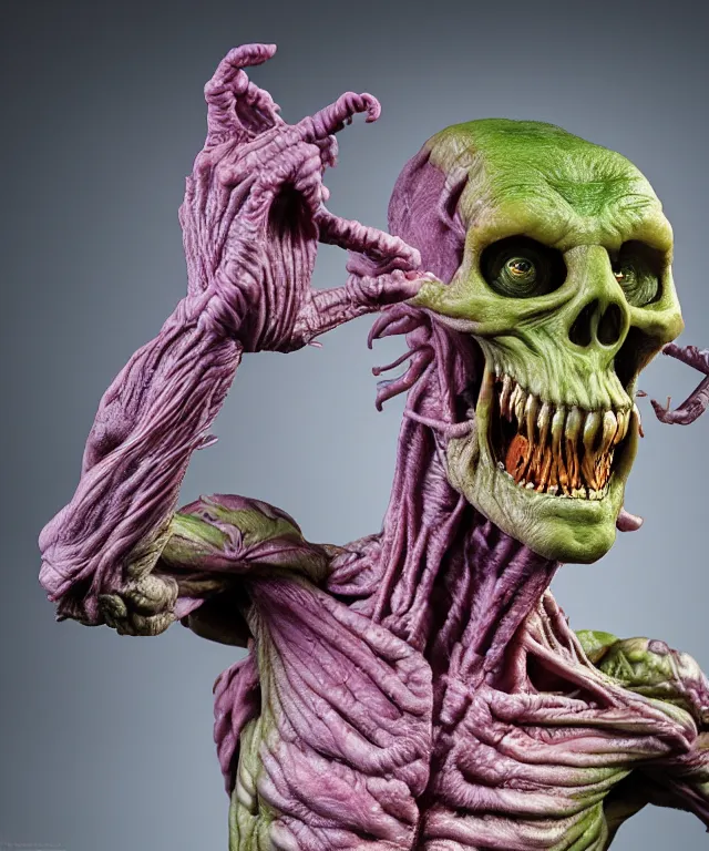 Image similar to hyperrealistic rendering, cronenberg flesh monster skeletor by art of skinner and richard corben and jeff easley, product photography, action figure, sofubi, studio lighting, colored gels