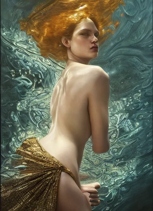 Image similar to highly detailed oil painting | very intricate | cinematic lighting | award - winning | elegant fabric, flowing underwater fashion by alexander mcqueen | by roberto ferri, by tom bagshaw, by j. c. leyendecker and klimt, american romanticism, by austin osman spare, artstation, cgsociety, official art, octane