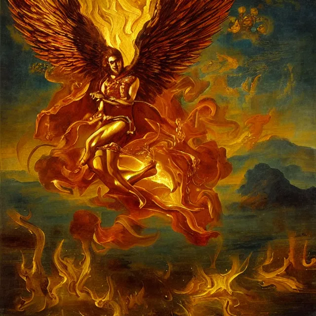 Prompt: firey archangel made of gold flying above a lake of fire, embers, renaissance oil painting