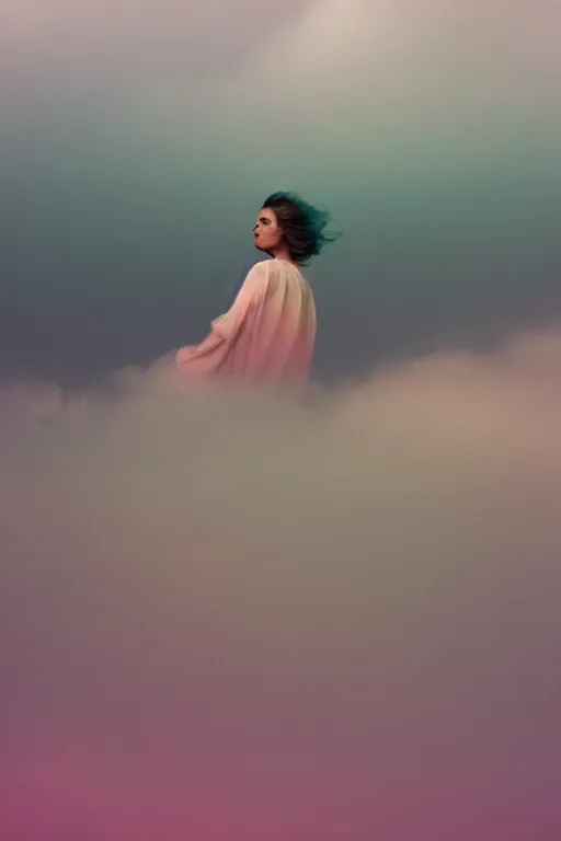 Image similar to high quality pastel coloured film close up wide angle photograph of a model wearing clothing resting on cloud furniture in a icelandic black rock!! environment in a partially haze filled dreamstate world. three point light, rainbow. photographic production. art directed. pastel colours. volumetric clouds. pastel gradient overlay. waves glitch artefacts. extreme facial clarity. 8 k. filmic.