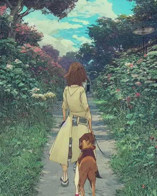 Prompt: a girl walking her small dog at the park, full shot, facing forward, ambient lighting, detailed, art by ayami kojima, makoto shinkai, kilian eng