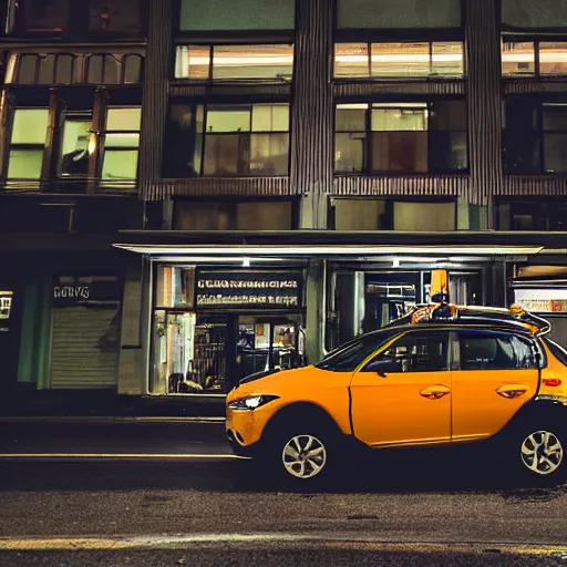 Prompt: a car bu driving down a street next to small buildings the night, XF IQ4, f/1.4, ISO 3200, 1/10s, 8K, RAW, unedited, symmetrical balance, in-frame, sharpened