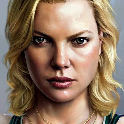 Image similar to Katherine Heigl with blonde hair as a lowlife thug as a grand theft auto 5 loading screen, close shot, gorgeous, beautiful, intricate, highly detailed, digital painting, artstation, oppressive lighting, concept art, sharp focus, illustration, art by greg rutkowski and alphonse mucha