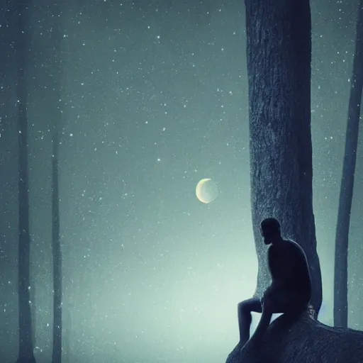 Prompt: man sitting on a tree trunk in a forest crying, moody, dark, night, blue mist, moonlight, surrealist