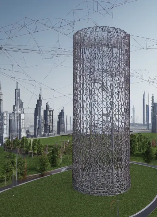 Image similar to highly detailed realistic architecture 3 d render of a stele shukhov tower standing in a city park, archdaily, made in unreal engine 4 octane render