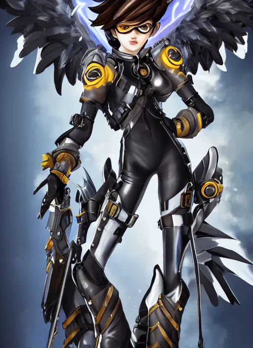 Image similar to full body of tracer overwatch, angel wings, dramatic painting, symmetrical composition, wearing detailed leather collar, black shiny armor, chains, black harness, detailed face and eyes,