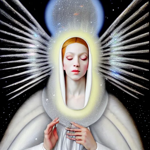 Image similar to beautiful high details hyper realistic painting of white angel in the hood coming from space with giant ball of miracle light from the chest!!!!!, 4 k hd face!!!, fashion face, no gender, giant silver holographic wings, by jan van eyck, holography space, white sparkles everywhere, thin strokes, high textures, silver background