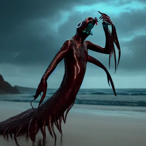 Image similar to a stunning cinematic wide shot of a beautiful confused slick sleek smooth humanoid sea monster wearing clothes made of seaweed on a dark stormy beach, well designed perfect with slick led eyes, sharp claws, cgsociety, hd octane render, fantasy, furry art, artstation, deviantart, furaffinity, very very clean