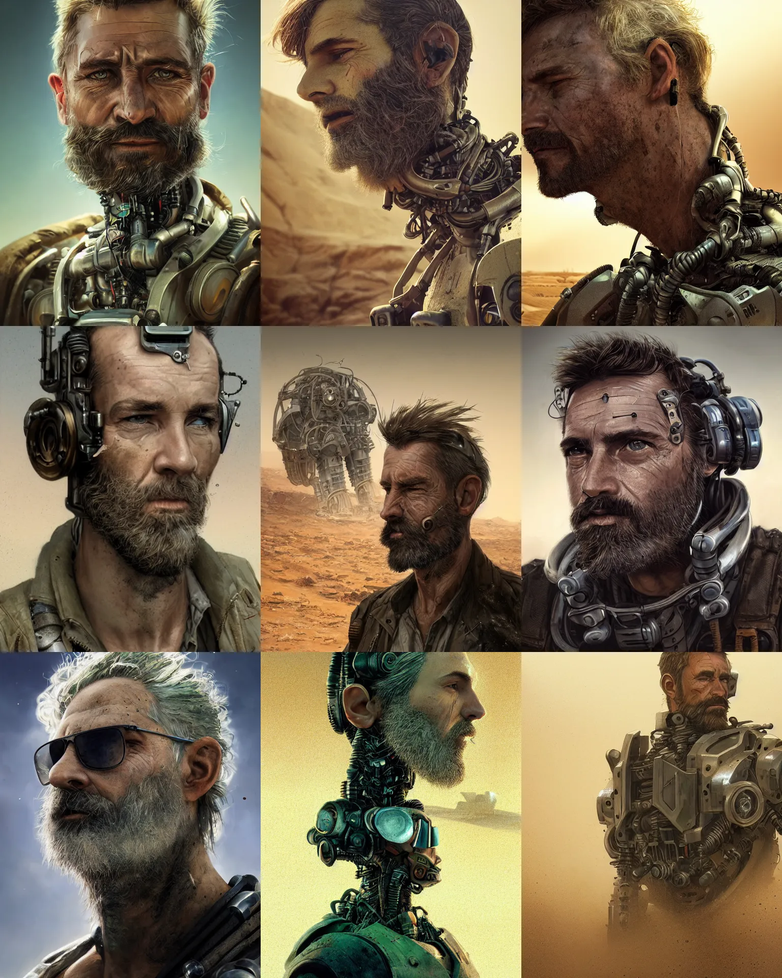 Prompt: a rugged middle aged technician man with cybernetic enhancements and unique hair lost in the desert, scifi character portrait by greg rutkowski, esuthio, craig mullins, short beard, green eyes, 1 / 4 headshot, cinematic lighting, dystopian scifi gear, gloomy, profile picture, mechanical, half robot, implants, steampunk