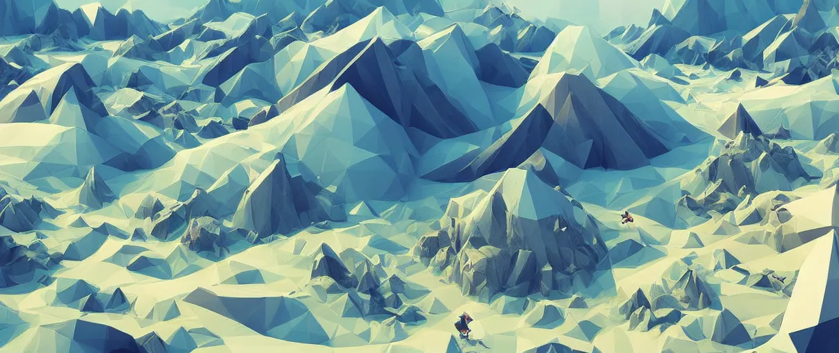 Image similar to 3 d render, mountain landscape, digital art, low poly art, minimalist, journey game, lowpoly landscape, intricate detail, whimsical, unreal engine, dreamy, brush strokes, bounce light, sunny, complementary palette, redsinski