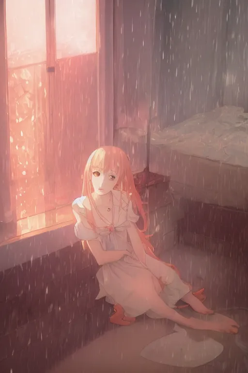 Image similar to a girl in a maid's outfit in the bedroom a night, raining outside the window, orange theme, wavy white long hair, by krenz cushart and mucha and akihito yoshida and greg rutkowski and makoto shinkai, 4 k resolution