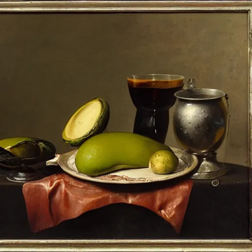 Image similar to still life by willem claesz heda, avocados, bread, linen, a fly, silver, leftover meat pie, overturned chalice, surreal goblets,