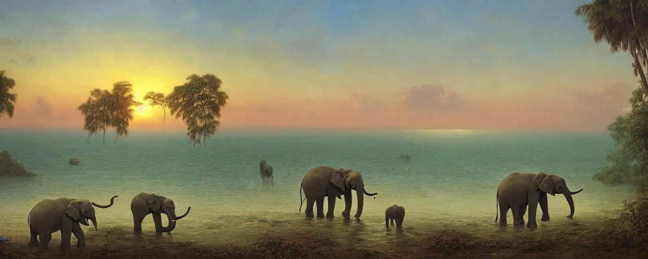 Prompt: surreal oil painting of a sri lankan landscape at sunset, elephants in the foreground, ocean sunset in the background, volumetric lighting, volumetric shadows, realistic oil painting by gustave dore, - h 6 4 0,