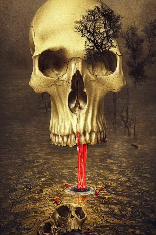 Prompt: immaculate painting of A Beautiful fine detailed gold and red and black dome made of huge skull in the swamp iIlusion by erik johansson micro detailing