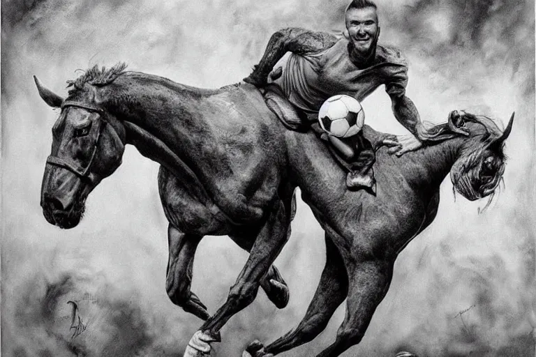 Image similar to beautiful lifelike painting of david beckham human horse centaur soccer star, majestic cinematic, hyperreal detailed facial features and uv lighting, art by ed roth and basil wolverton