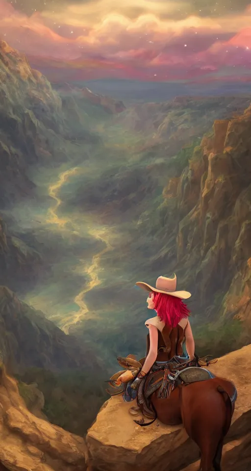 Prompt: a young cowgirl sitting on top of her horse, overlooking a canyon, red hair and blue eyes, stars and galaxies visible in the nightsky, sad and introspective, highly detailed, artstation, stunning, 8 k