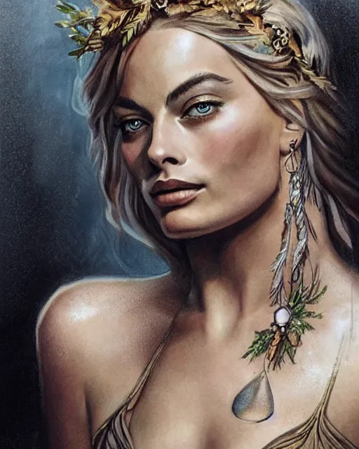 Image similar to realism tattoo sketch of margot robbie as a beautiful greek goddess aphrodite with piercing eyes wearing a laurel wreath and triangle earrings, in the style of greg rutkowski, amazing detail