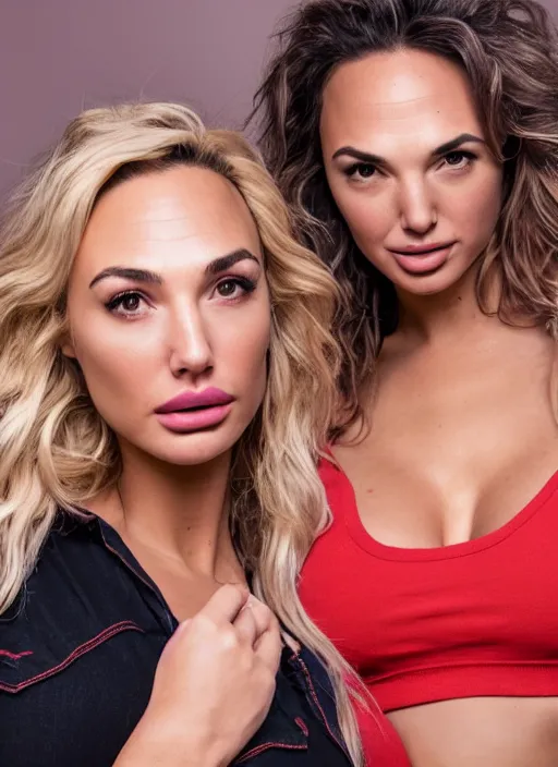 Prompt: portrait of lindsey pelas and gal gadot wearing red shirt and jean shorts, by charlotte grimm, natural light, detailed face, beautiful features, symmetrical, canon eos c 3 0 0, ƒ 1. 8, 3 5 mm, 8 k, medium - format print, half body shot
