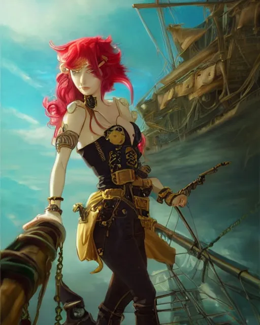 Image similar to a beautiful half body 2D illustration of a young female steampunk pirate wearing leather armor on gold and red trimmings on green, by Charlie Bowater, tom bagshaw, Artgerm and Lois Van Baarle, beautiful anime face, very cool pose, pirate ship with an epic sky background, slightly smiling, cinematic anime lighting and composition, fantasy painting, very detailed, ornate, trending on artstation and pinterest, deviantart, google images