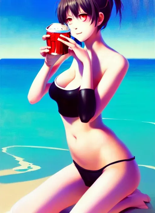 Image similar to full body picture of a extremely beautiful and attractive and cute and aesthetic girl drinking a coke, highly detailed face, very thirsty, dripping on the body, sharp focus, shiny day on the beach, specular reflection, occlusion shadow, trending on artstation, epic light novel cover art, art by ilya kuvshinov and sakimichan and jeremy lipking