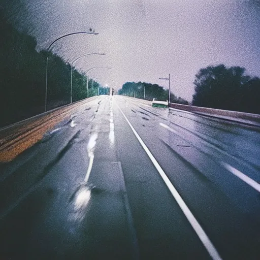 Image similar to “35mm film photography of highways, rain, night, cinestill 800t, grain”