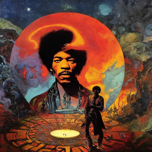 Image similar to jimi hendrix standing in a circle at the beginning of the world by greg rutkowski and frank frazetta and peter mohrbacher and william blake and dan mumford