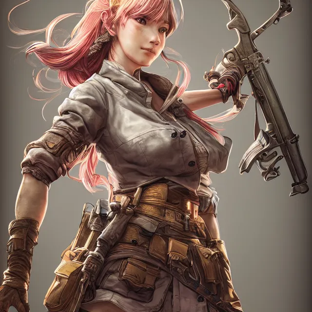 Image similar to the portrait of lawful neutral semi - colorful female infantry gunner as absurdly beautiful, gorgeous, elegant, young gravure idol, an ultrafine hyperdetailed illustration by kim jung gi, irakli nadar, intricate linework, bright colors, octopath traveler, final fantasy, unreal engine 5 highly rendered, global illumination, radiant light, detailed and intricate environment