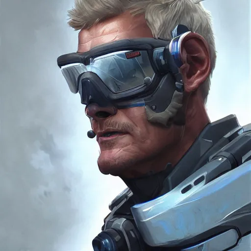 Image similar to science-fiction character portrait of Soldier 76 from Overwatch, wearing cybernetic visor, dystopian mood, intricate, wild, highly detailed, digital painting, artstation, upper body, concept art, smooth, sharp focus, illustration, art by artgerm and greg rutkowski and alphonse mucha