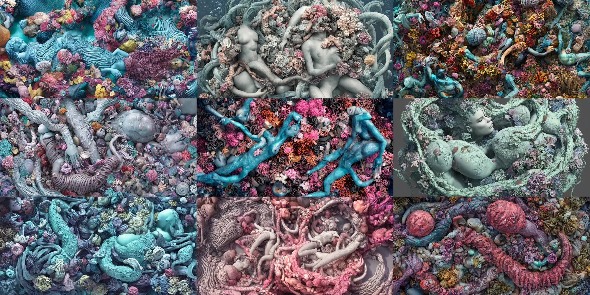 Prompt: a sculpture of deep ocean intertwined, a lovely cornucopia of flowers and human body parts, body parts, highly detailed, octane render, cinematic ， - h 7 6 8