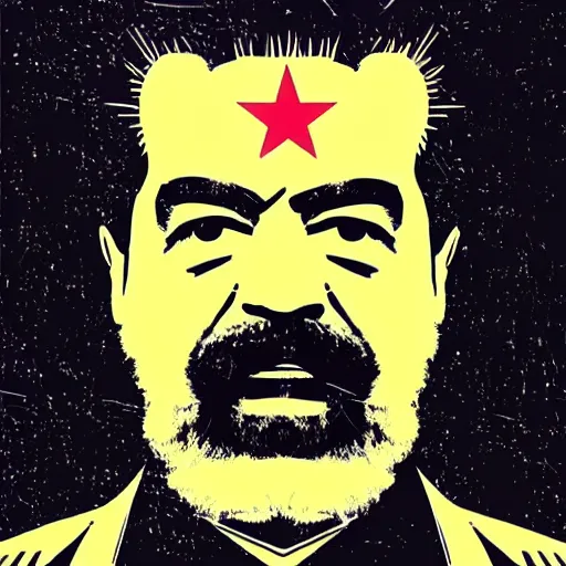 Prompt: Synthwave geometrical art of Saddam Hussein