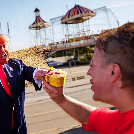 Image similar to donald trump slamming pudding onto citizens, citizens soaked with pudding, golden hour, boardwalk, professional photography