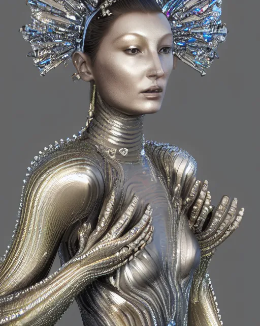 Image similar to a highly detailed metahuman 4 k close up render of an alien goddess bella hadid monument buddha in iris van herpen dress schiaparelli in diamonds crystals swarovski and jewelry iridescent in style of alphonse mucha gustav klimt trending on artstation made in unreal engine 4