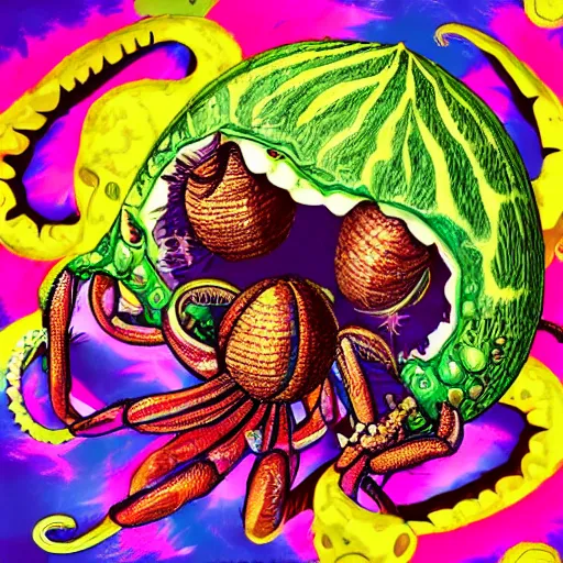 Image similar to a coconut inside a crab with tentacles and three pistons crying at 3 am in psychedelic colours