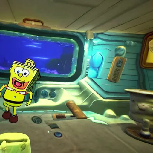 Image similar to found footage of Spongebob in Subnautica, creepy, haunted gaming