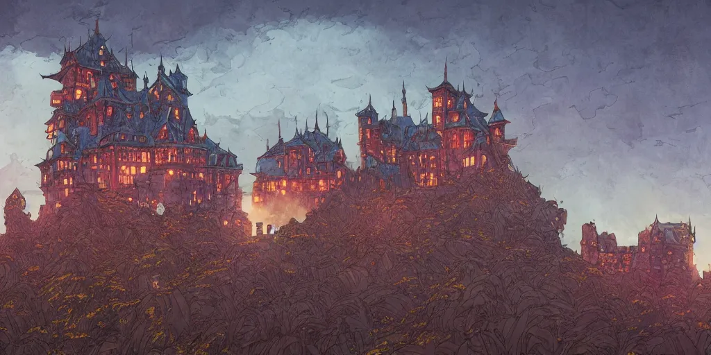 Prompt: a highly detailed photo of a post - future damaged castle surrounded by a mist shot at twilight on 3 0 mm film painted from borderlands and by feng zhu and loish and laurie greasley, victo ngai, andreas rocha, john harris by jesper ejsing, by rhads, makoto shinkai and lois van baar