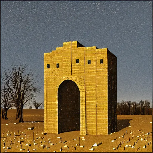 Image similar to winter refracting extraterrestrial land square hawk wheat tower archway, by martin johnson heade and jean - michel basquiat and pieter bruegel the elder, voxel, low poly, 2 0 megapixels