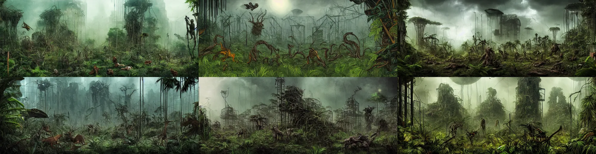 Prompt: dystopian apocalyptic jungle with creatures