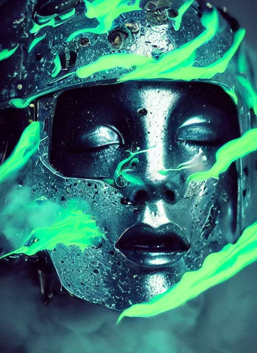 Prompt: beautiful extreme closeup portrait photo in style of frontiers in scratched! crumpled Helmet of Emperor Charles V the Wise, faint iridescent sheen , narcotic beautiful stylishly elegant eye-catching Mature!! sexy! glance , crying makeup, bite her lip , puffs of light green smoke, clouds lightning, UFO, science fashion magazine September retrofuturism edition, highly detailed, soft lighting, elegant , 85mm, Edward Hopper and James Gilleard, Zdzislaw Beksinski, Steven Outram, Hsiao-Ron Cheng