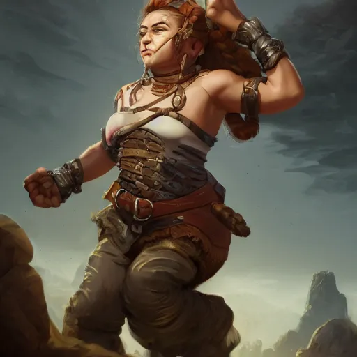 Prompt: action portrait of a female dwarf fist-fighter with braided hair, dramatic 4K trending on artstation by peter mohrbacher wide-angle photo