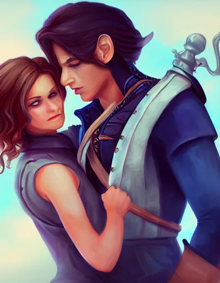 Image similar to couple in love. fully clothed armed female pirate captain, rachel wall, with a male pirate partner, sun, summer, blue eyes, beauty, wisdom, love, strength, knowledge, smart, portrait, symmetrical, highly detailed, digital painting, artstation, smooth, sharp focus, illustration, strength, art by felice house. 8 k