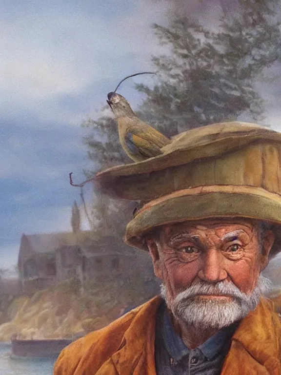 Prompt: realistic renderings portrait of very old fisher man portrait with a hat, wearing a fisher 🧥, coloured wears, ( ( ( ( ( a bird in the sky ) ) ) ) ) port scene background, astonishing scenes, detailed, photorealism, volumetric lighting, autumn lights colors, ultra detailed