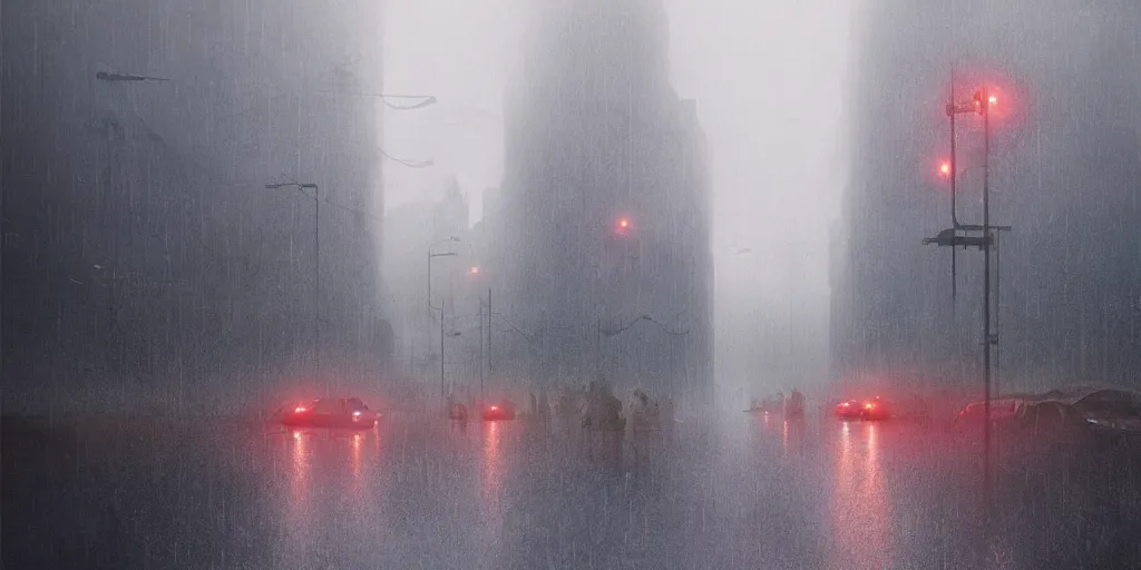 Image similar to Mumbai city by Simon Stålenhag, Matte Painting, heavy rains, traffic lights, fog