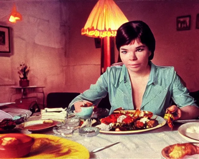 Image similar to 1 9 7 9 a soviet movie still a bjork sitting at a table with a plate of food in dark warm light, a character portrait by nadya rusheva, perfect symmetric coherent face, perfect symmetric eyes, featured on cg society, neo - fauvism, movie still, 8 k, fauvism, cinestill, bokeh, gelios lens