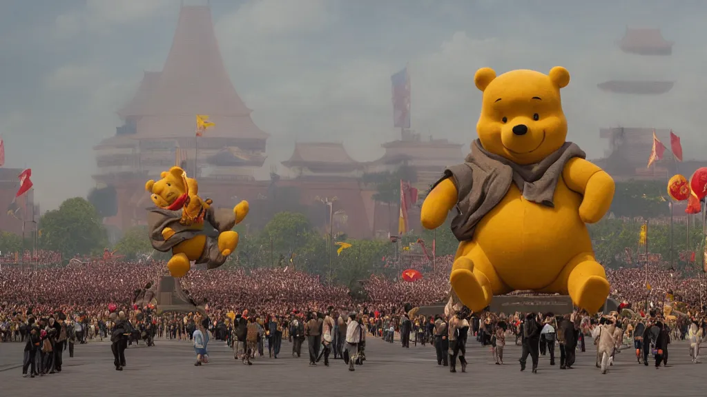 Image similar to giant winnie the pooh bear walking in the tiananmen square parade. andreas achenbach, artgerm, mikko lagerstedt, zack snyder, tokujin yoshioka